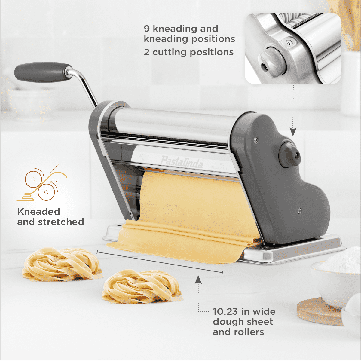 Pastalinda Classic 260 Chrome Pasta Maker Machine With Hand Crank And Two Clamps - Pastalinda