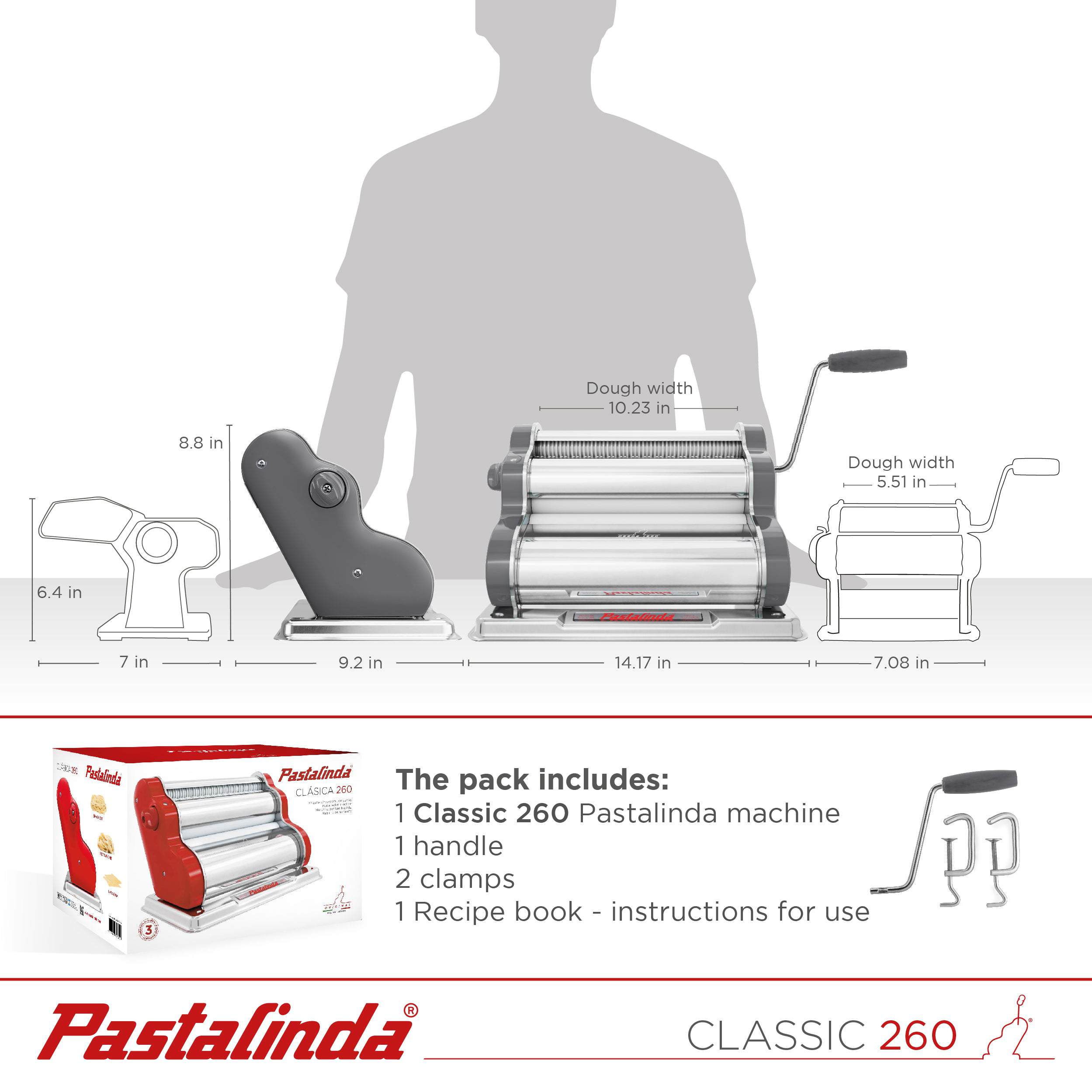 Pastalinda Classic 260 Gray Pasta Maker Machine With Hand Crank And Two Clamps - Pastalinda