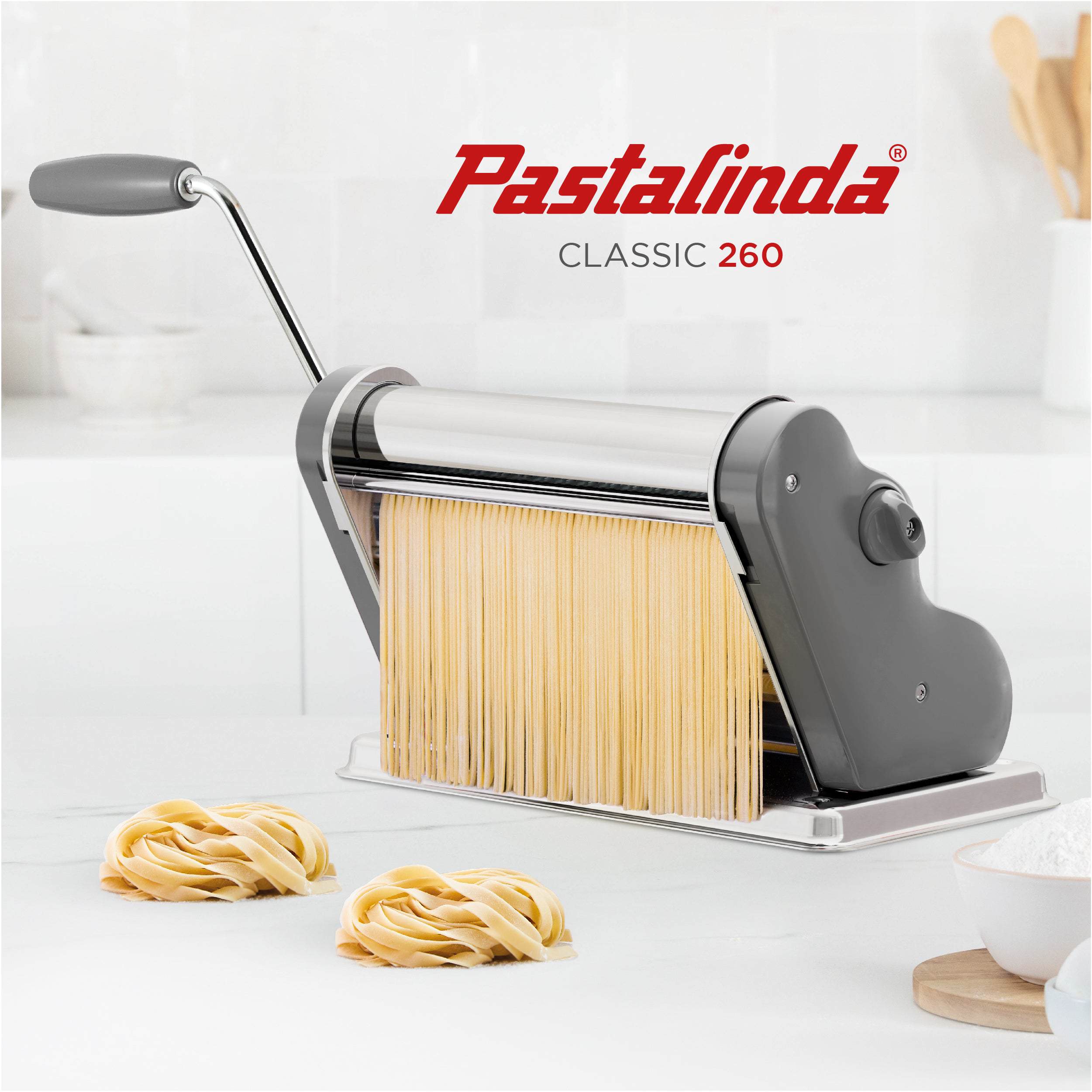Pastalinda Classic 260 Gray Pasta Maker Machine With Hand Crank And Two Clamps - Pastalinda