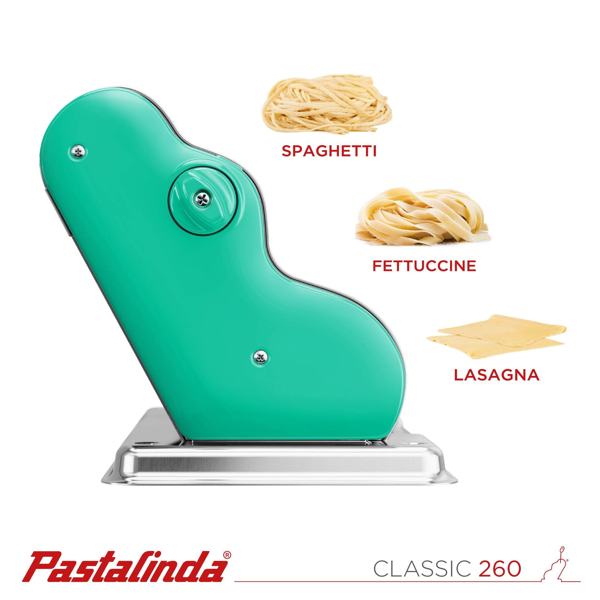 Pastalinda Classic 260 Green Pasta Maker Machine with Hand Crank and Two Clamps