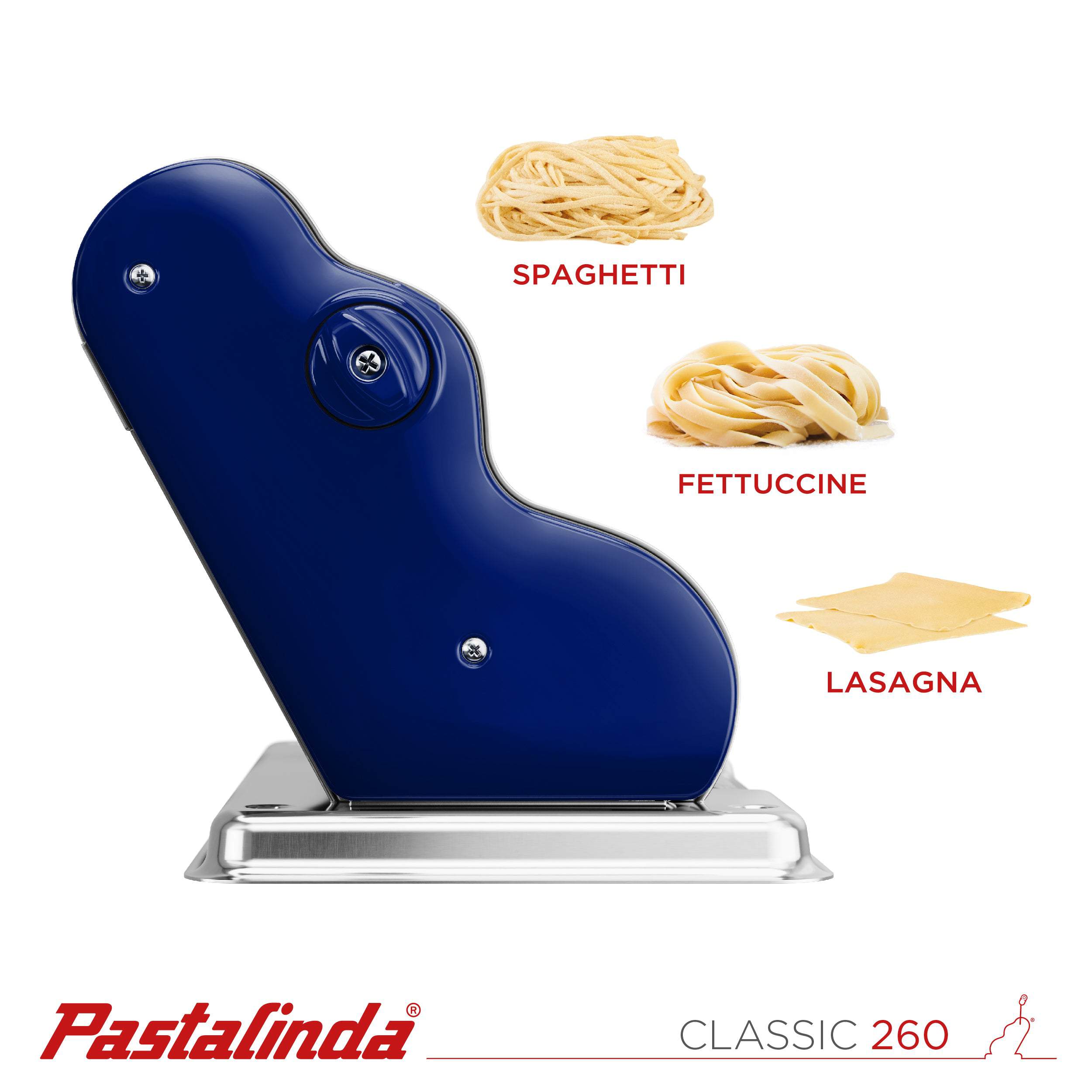 Pastalinda Classic 260 Navy Blue Pasta Maker Machine With Hand Crank And Two Clamps - Pastalinda