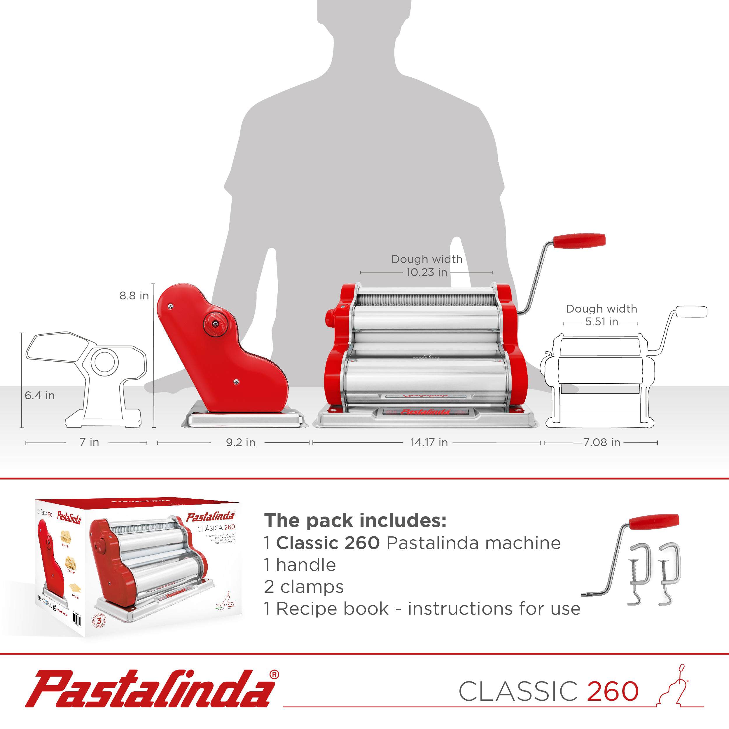 Pastalinda Classic 260 Red Pasta Maker Machine With Hand Crank And Two Clamps - Pastalinda