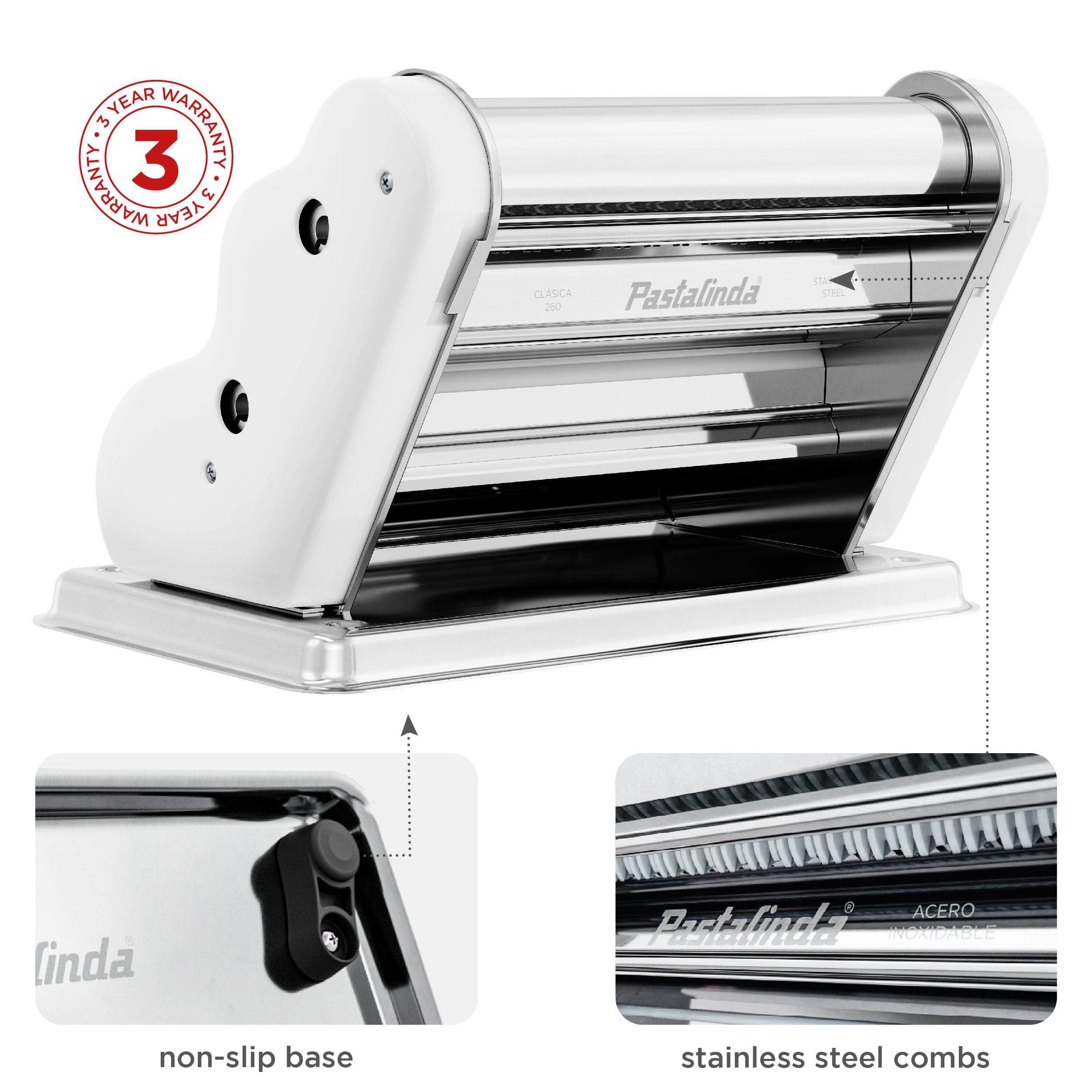 Pastalinda Classic 260 White Pasta Maker Machine With Hand Crank And Two Clamps - Pastalinda