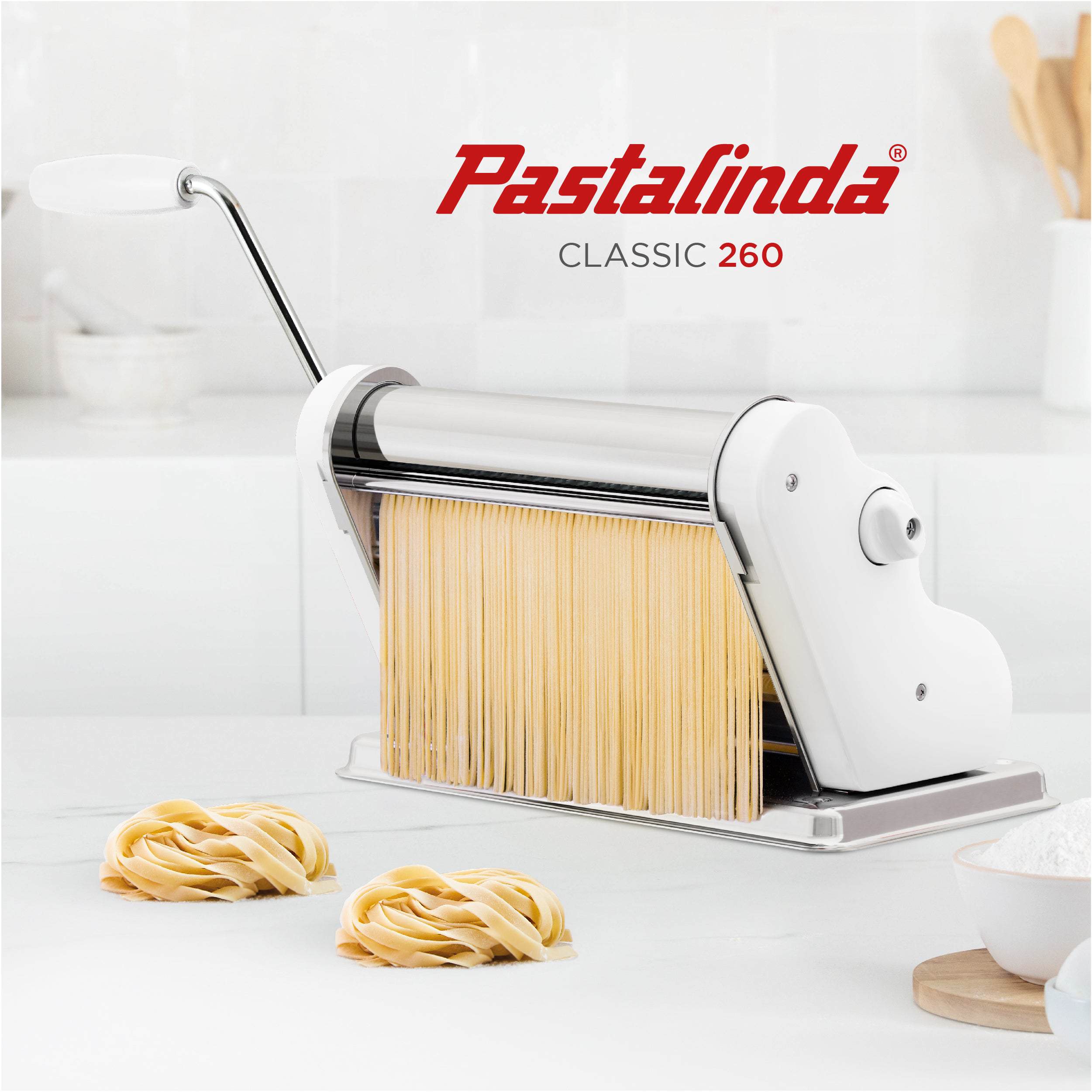 Pastalinda Classic 260 White Pasta Maker Machine With Hand Crank And Two Clamps - Pastalinda