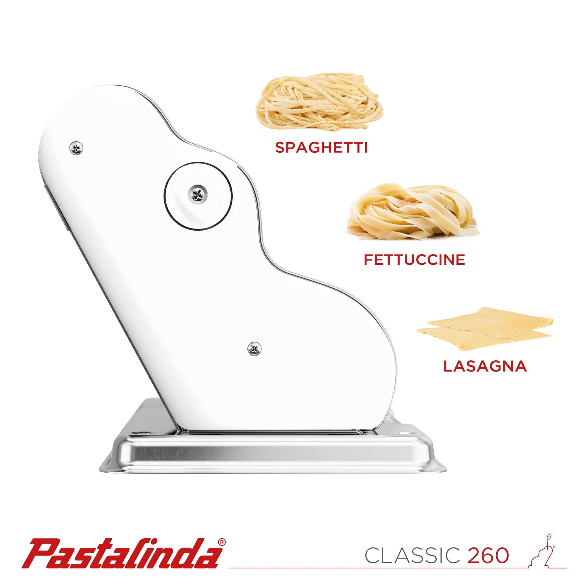 Pastalinda Classic 260 White Pasta Maker Machine with Hand Crank and Two Clamps