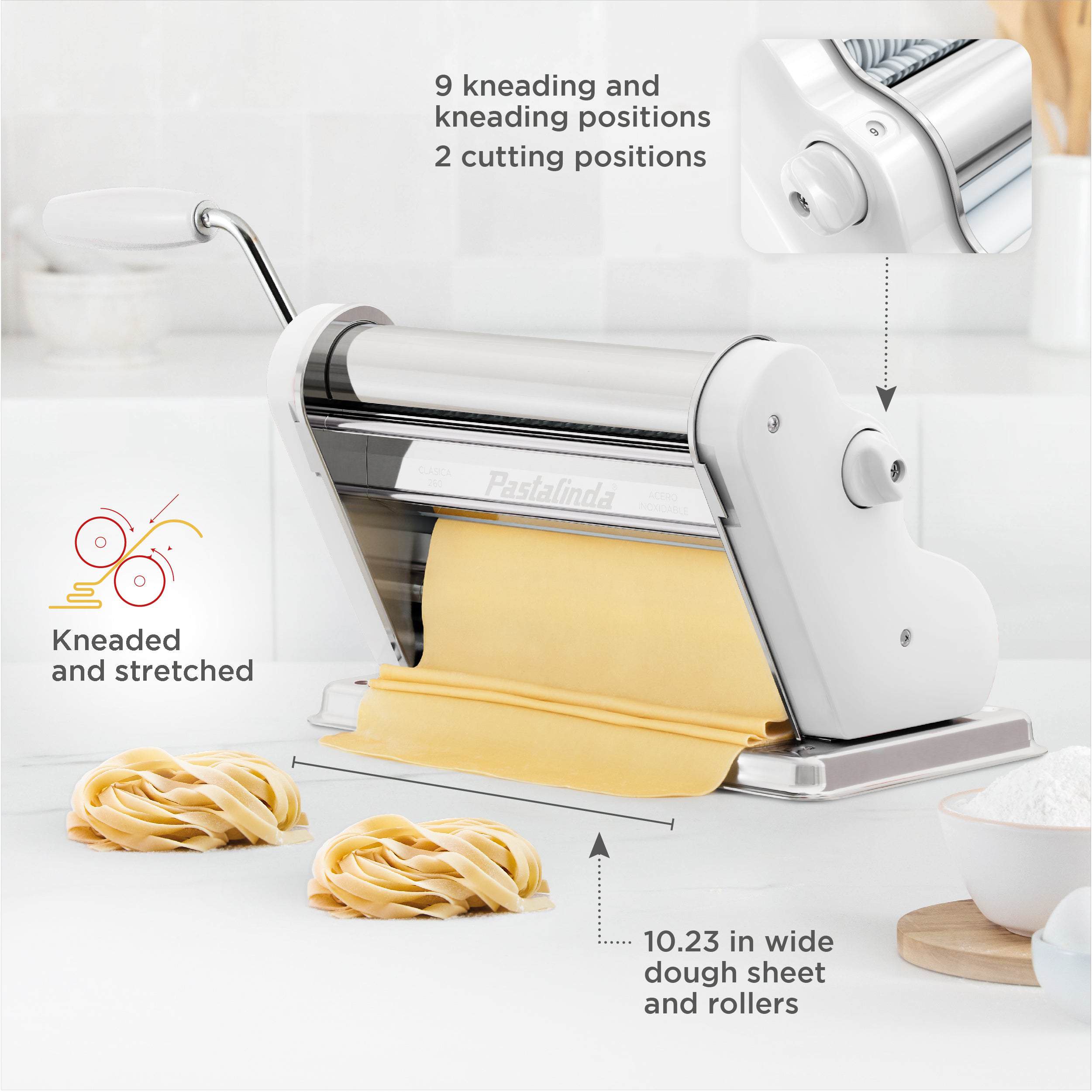 Pastalinda Classic 260 White Pasta Maker Machine With Hand Crank And Two Clamps - Pastalinda