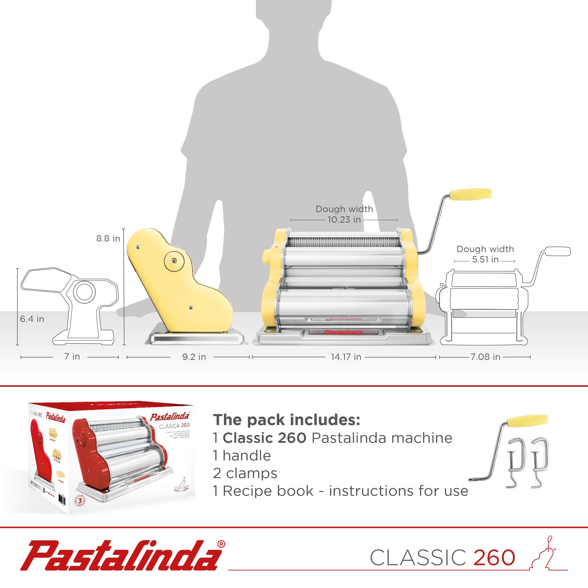 Pastalinda Classic 260 Yellow Pasta Maker Machine With Hand Crank And Two Clamps - Pastalinda