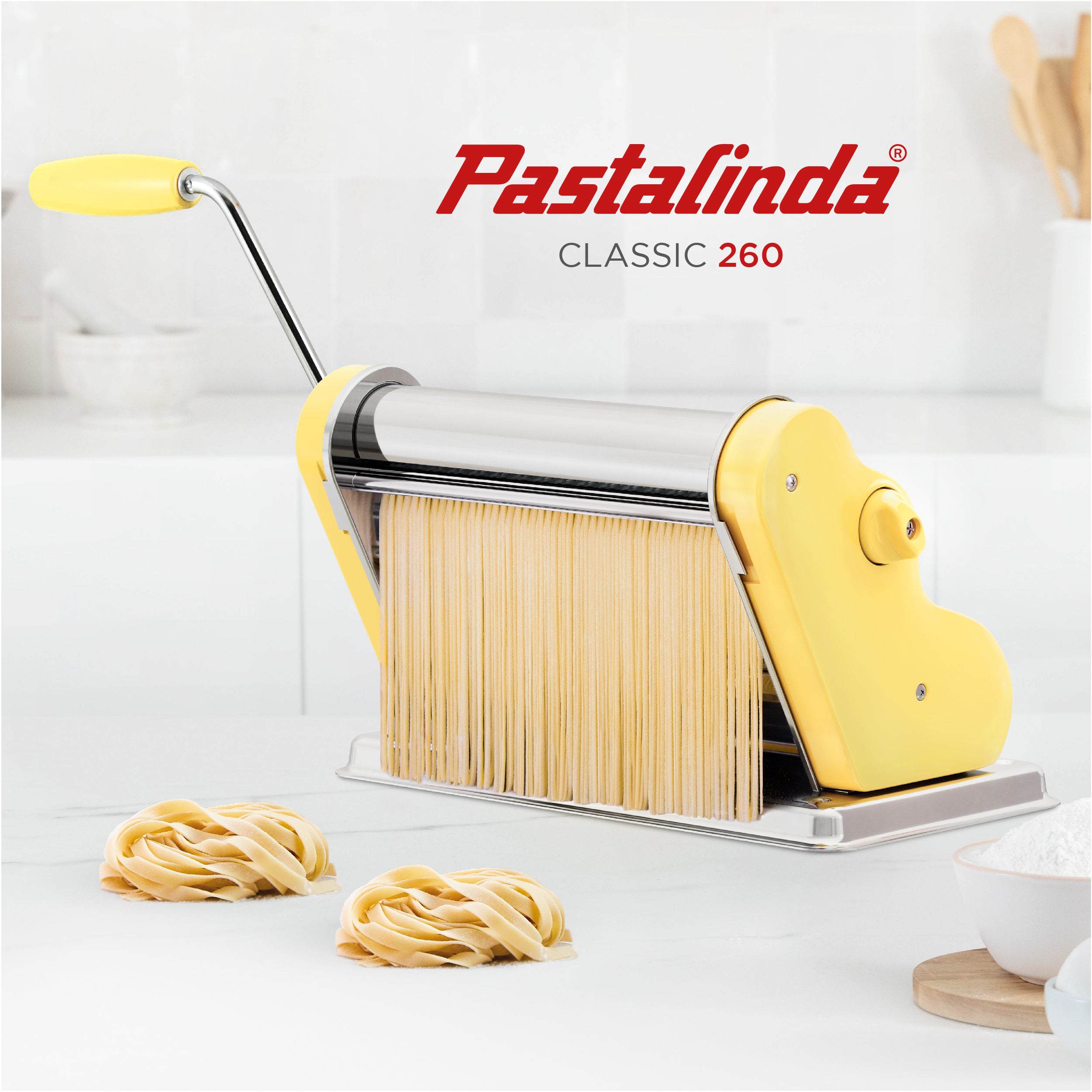 Pastalinda Classic 260 Yellow Pasta Maker Machine With Hand Crank And Two Clamps - Pastalinda
