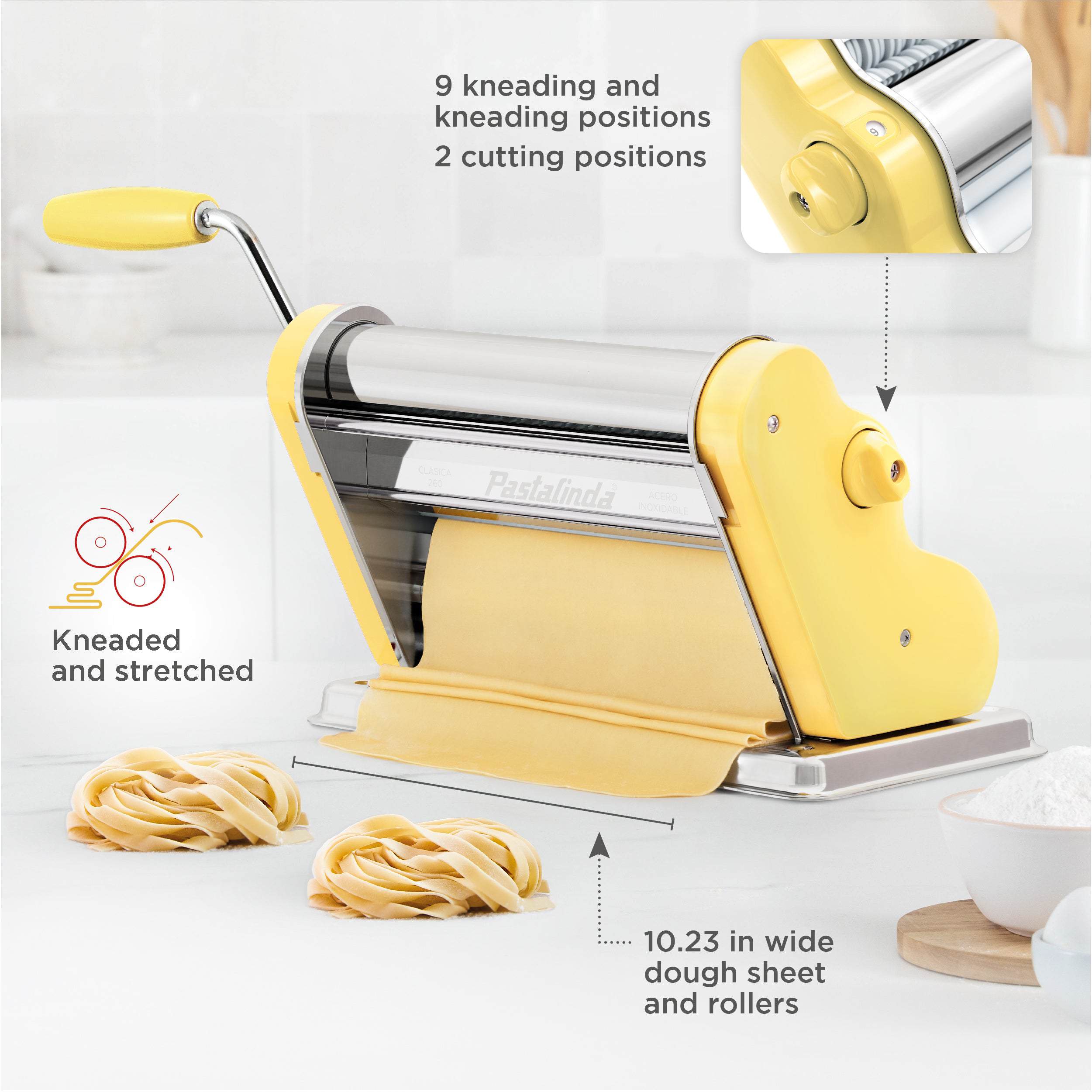 Pastalinda Classic 260 Yellow Pasta Maker Machine With Hand Crank And Two Clamps - Pastalinda