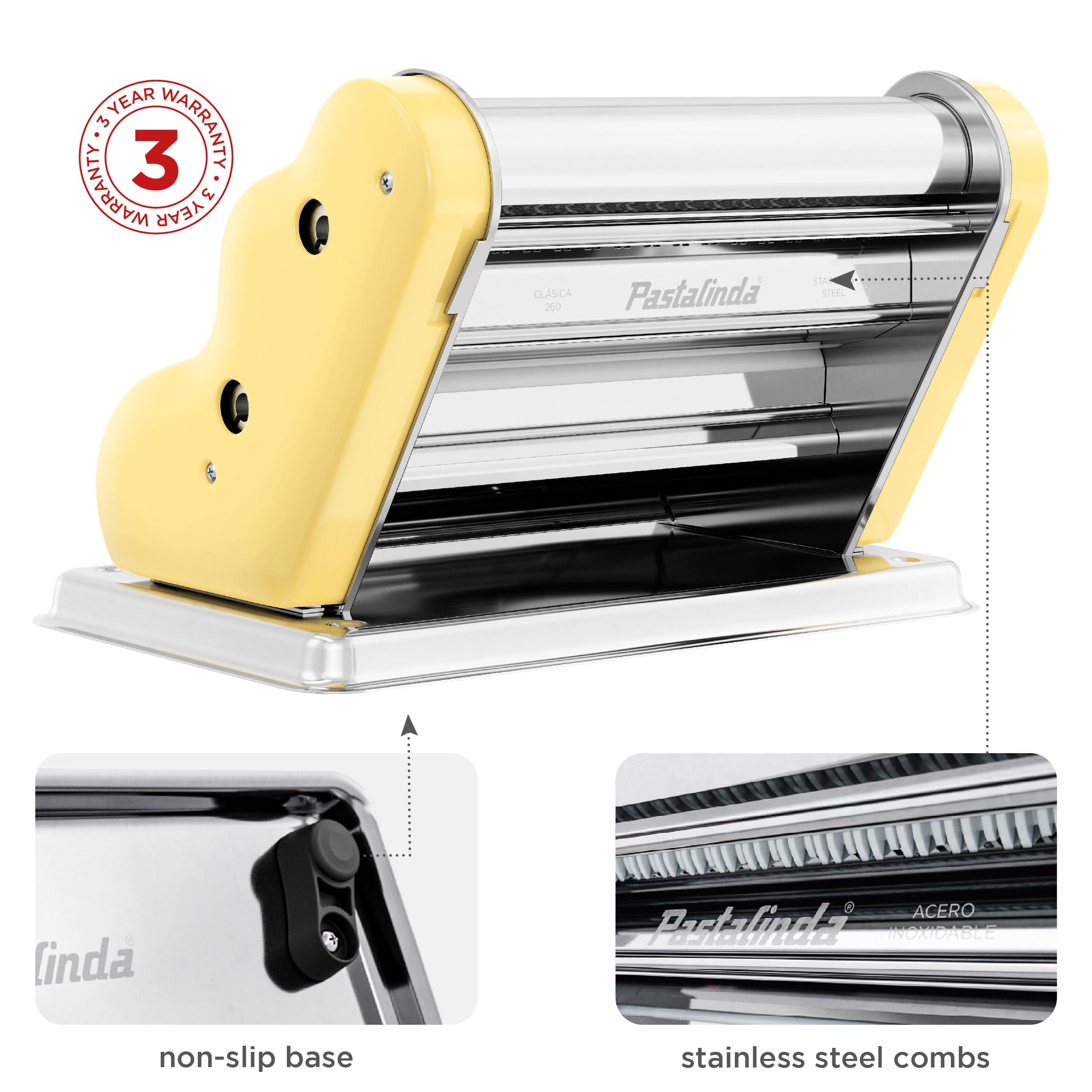 Pastalinda Classic 260 Yellow Pasta Maker Machine With Hand Crank And Two Clamps - Pastalinda