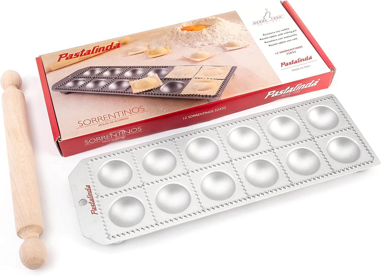 Aluminum Tablet 12-hole round ravioli maker with rolling pin - Pastalinda