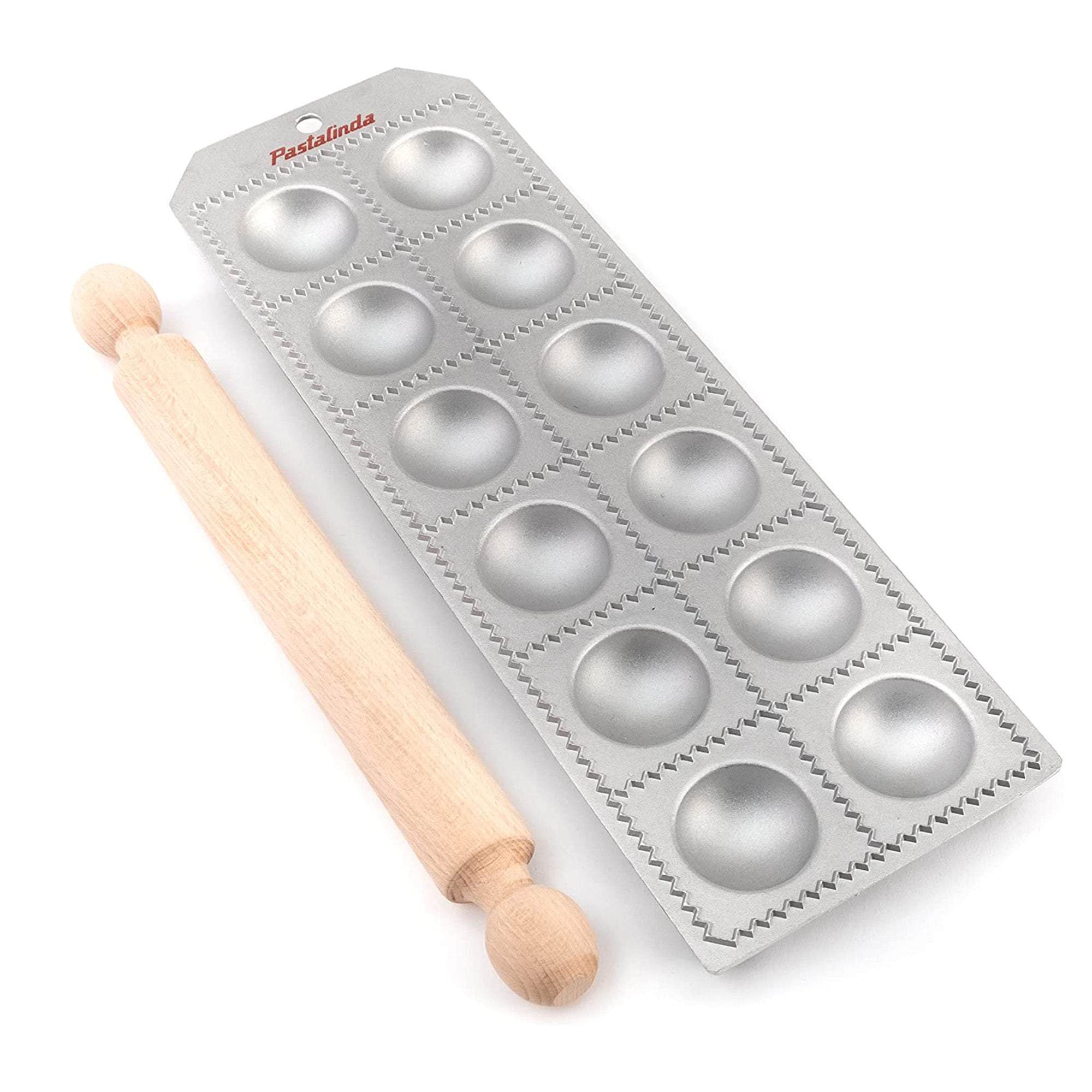 Aluminum Tablet 12-hole round ravioli maker with rolling pin - Pastalinda